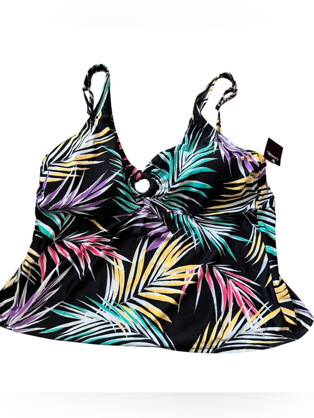 George Plus NWT Tankini Top 3X Black Tropical Palm Leaf Ring Detail Swim